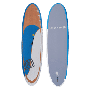 Planche à pagaie bleue et blanche avec un logo blanc et bleu