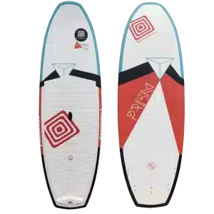 Planche de surf blanche et rouge avec un logo noir et rouge