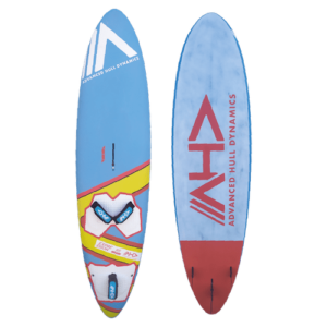 Planche de surf bleue et jaune avec les mots "h2o" inscrits dessus