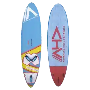 Planche de surf bleue et jaune avec les mots "h2o" inscrits dessus