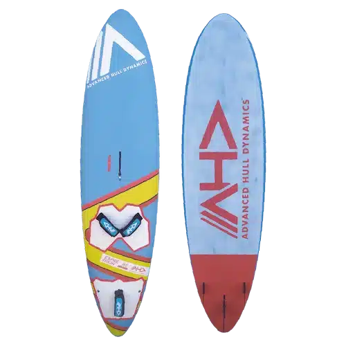 Planche de surf bleue et jaune avec les mots "h2o" inscrits dessus