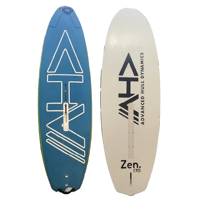 Planche de surf blanche et bleue avec les mots "zen" inscrits dessus