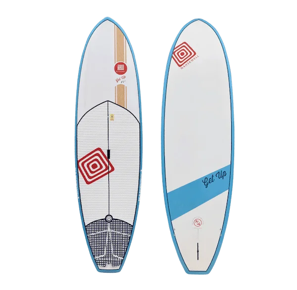 Planche de surf blanche et bleue avec un logo rouge et blanc