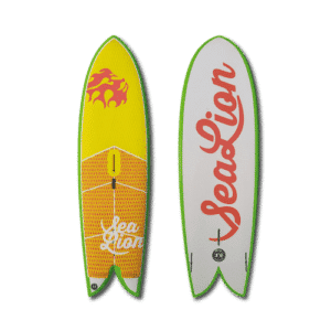 Planche de surf jaune et verte avec les mots "sealion" inscrits dessus.
