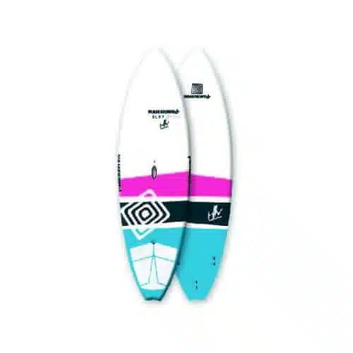 Planche de surf avec un design rose et bleu