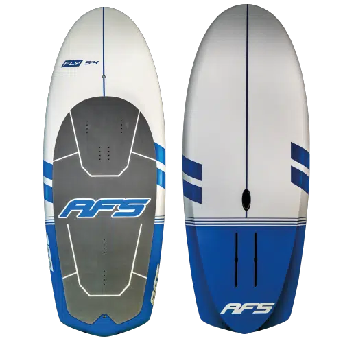 Planche de surf blanche et bleue avec les lettres "apf" inscrites dessus