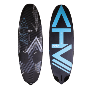 Planche de surf noire et bleue avec le mot "ATV" inscrit dessus