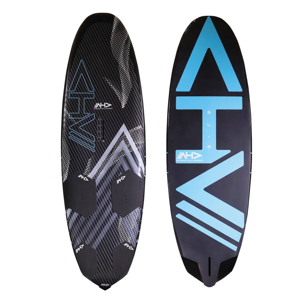 Planche de surf noire et bleue avec le mot "ATV" inscrit dessus