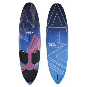 Planche de surf bleue et rouge avec les mots "atv" inscrits dessus