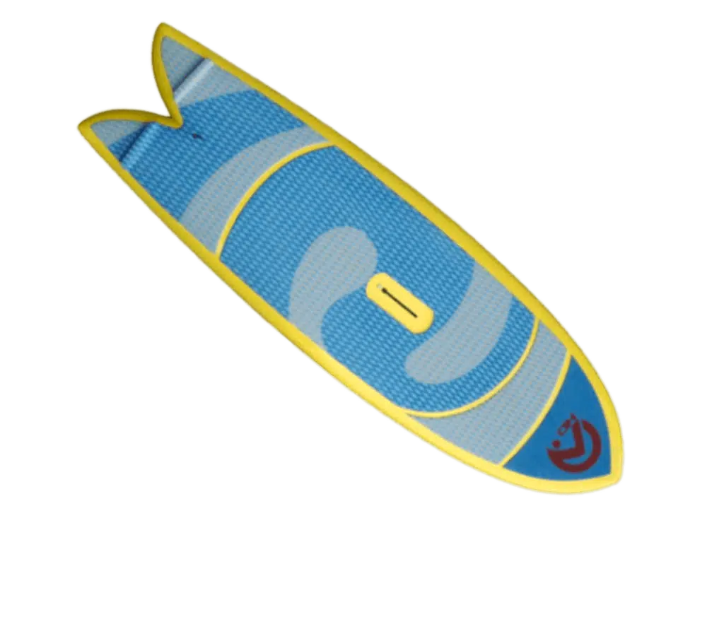 Planche de surf bleue et jaune avec une dérive jaune