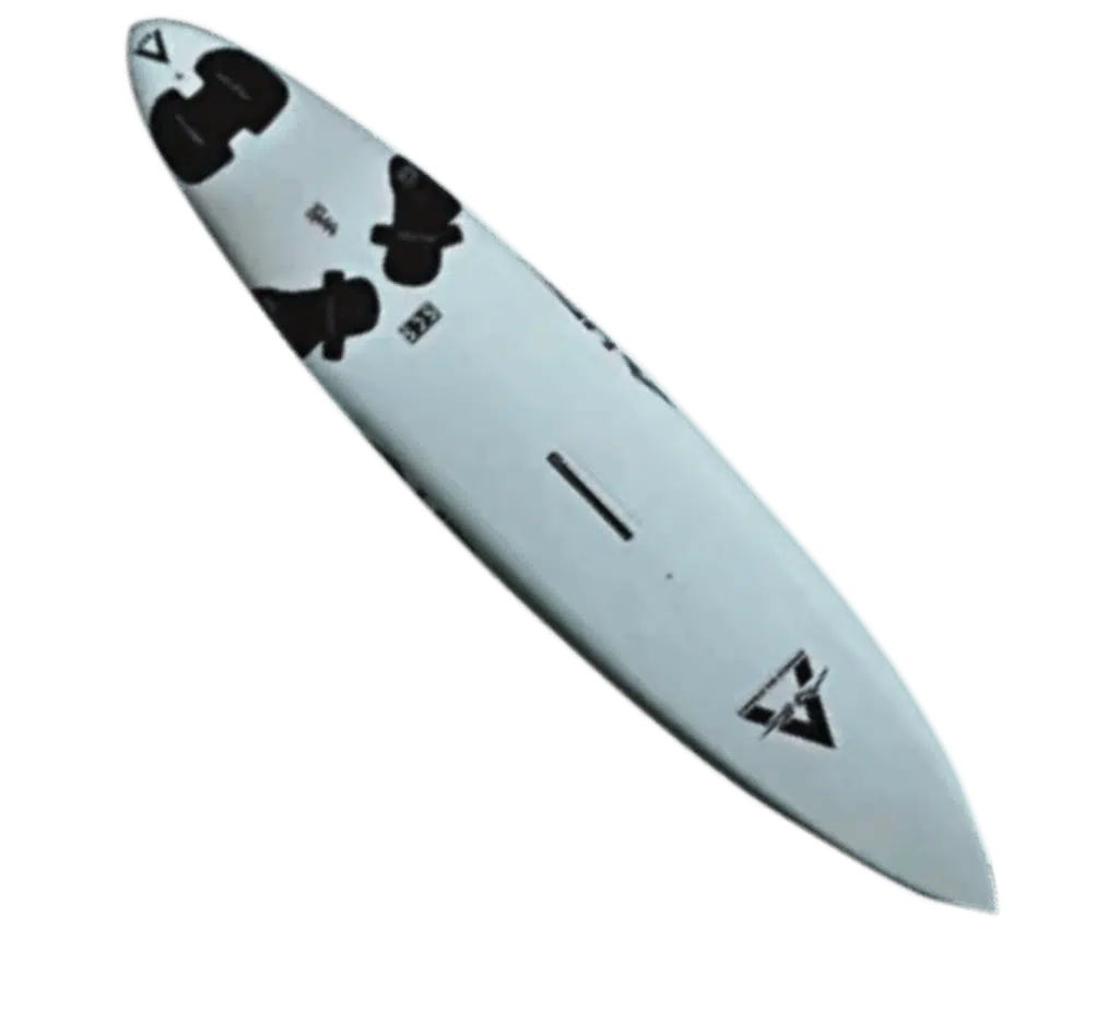 Planche de surf blanche avec des finitions noires.