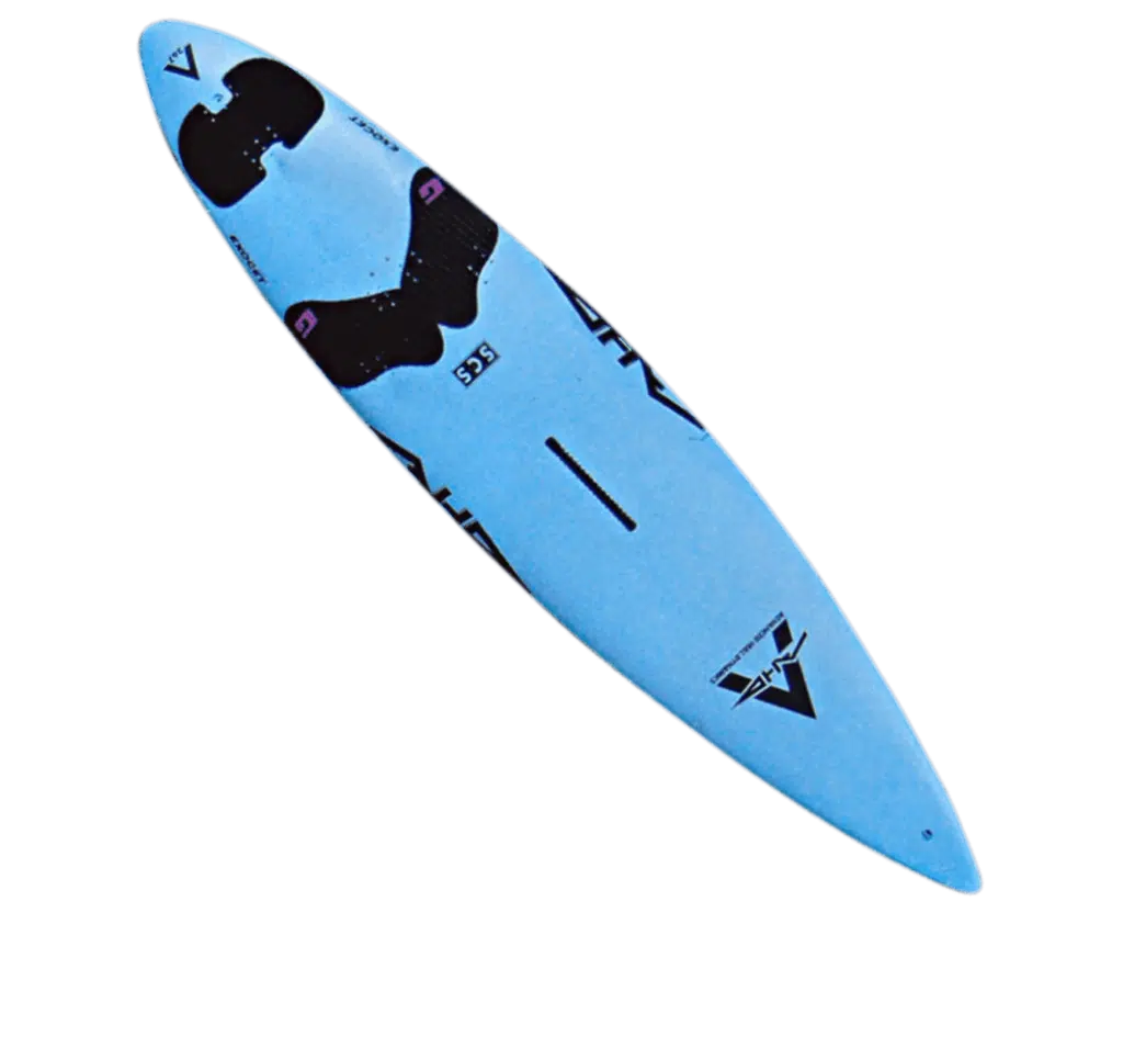 Planche de surf bleue avec un logo noir et blanc