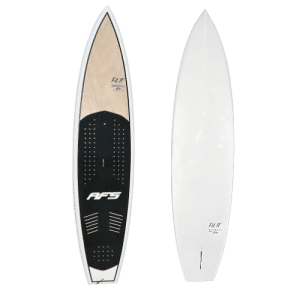 Planche de surf blanche et noire avec un dessous noir.