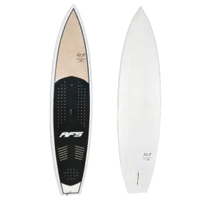 Planche de surf blanche et noire avec un dessous noir.
