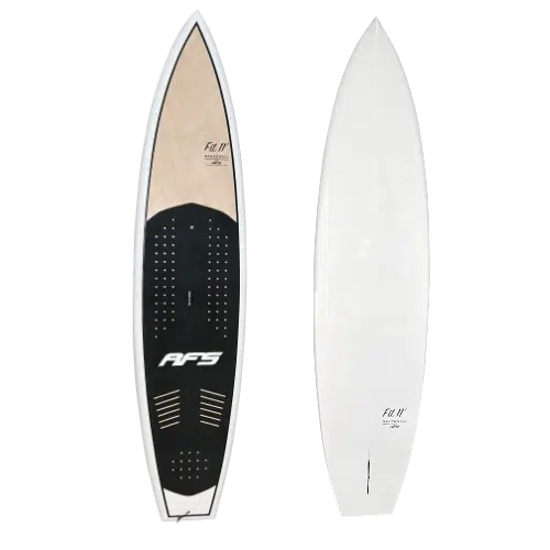Planche de surf blanche et noire avec un dessous noir.