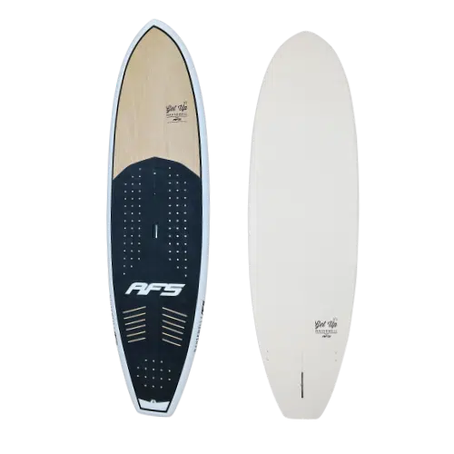 Planche de surf blanche et noire avec un logo bleu et blanc