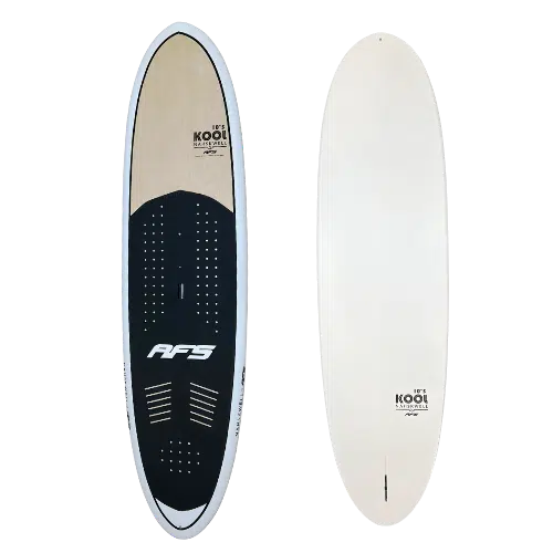 Planche de surf blanche et noire avec un dessous noir
