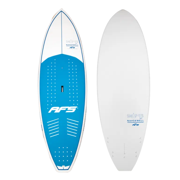 Planche de surf blanche et bleue avec un logo bleu et blanc