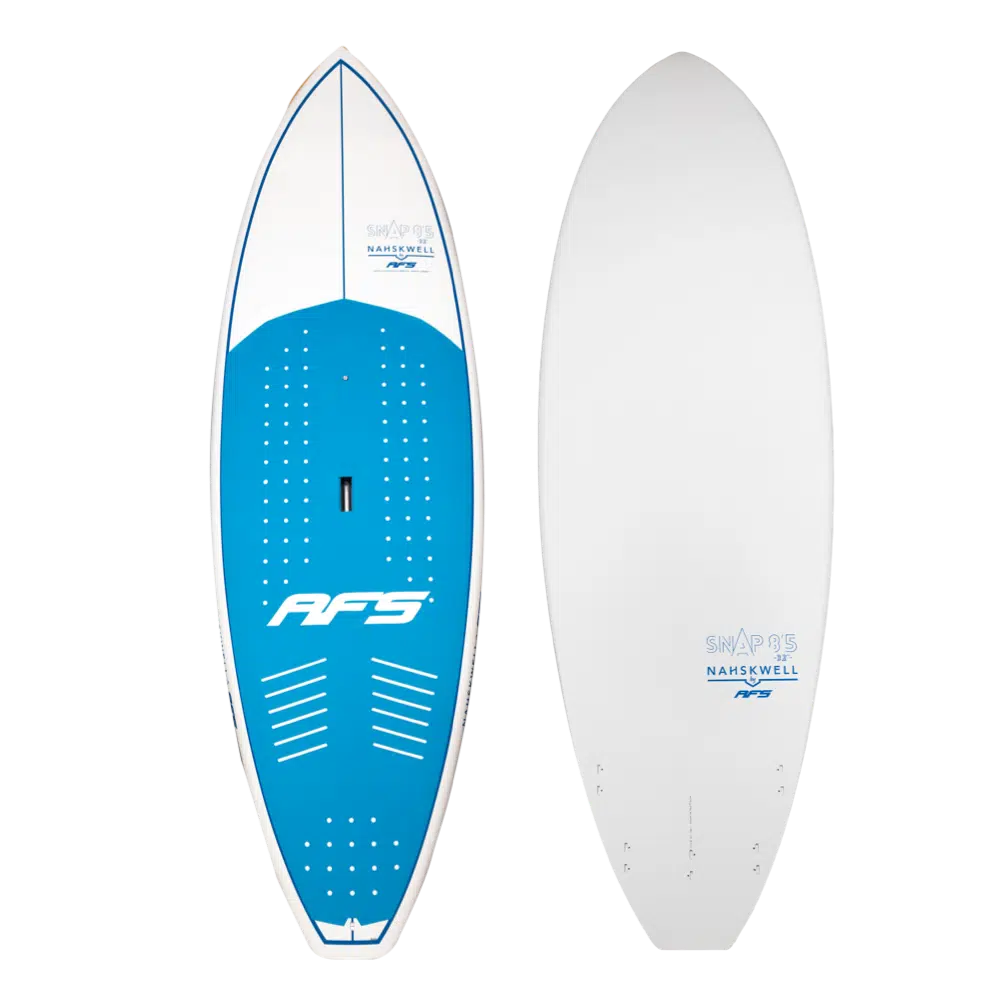 Planche de surf blanche et bleue avec un logo bleu et blanc