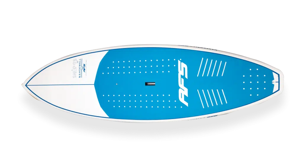 A surfboard with a blue and white color scheme and a white logo on the surface