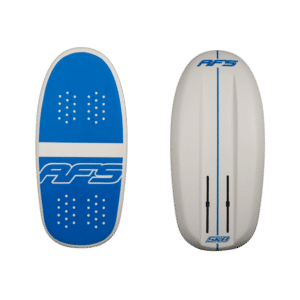 Planche de surf blanche et bleue avec les lettres RFS inscrites dessus