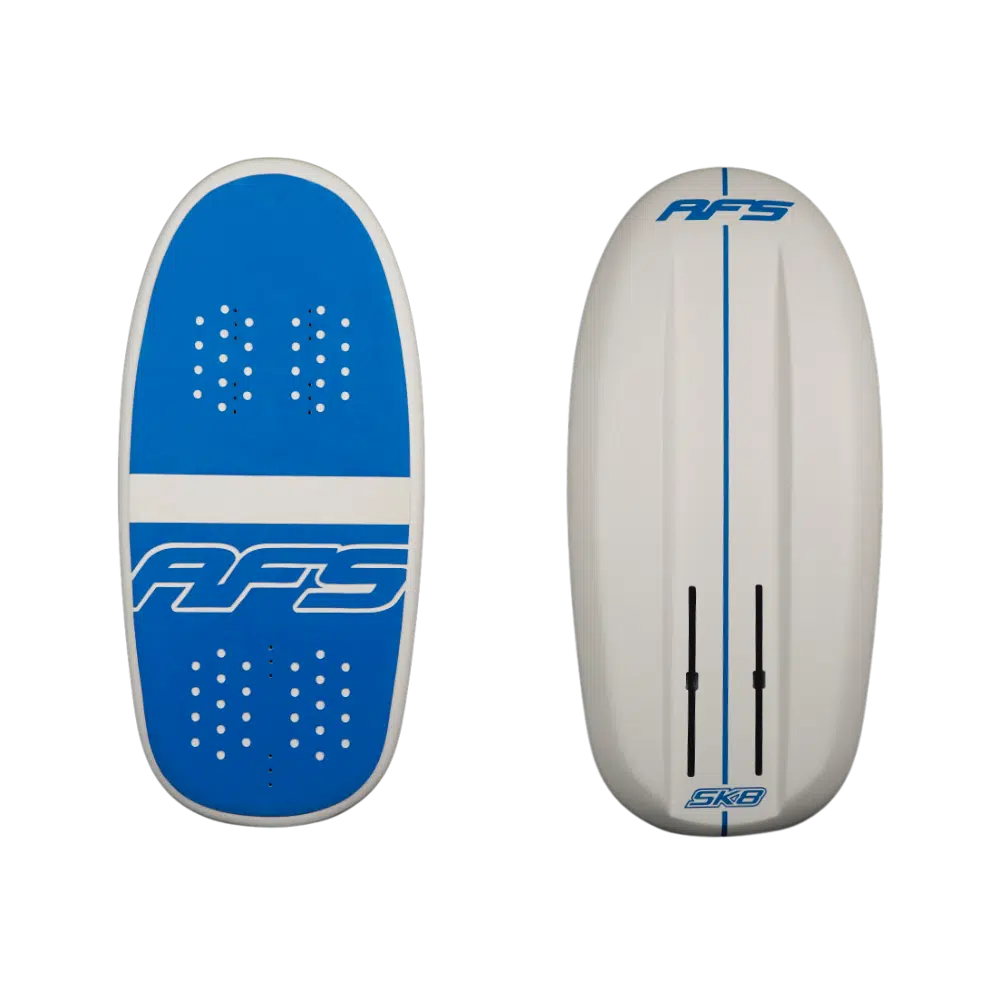 Planche de surf blanche et bleue avec les lettres RFS inscrites dessus